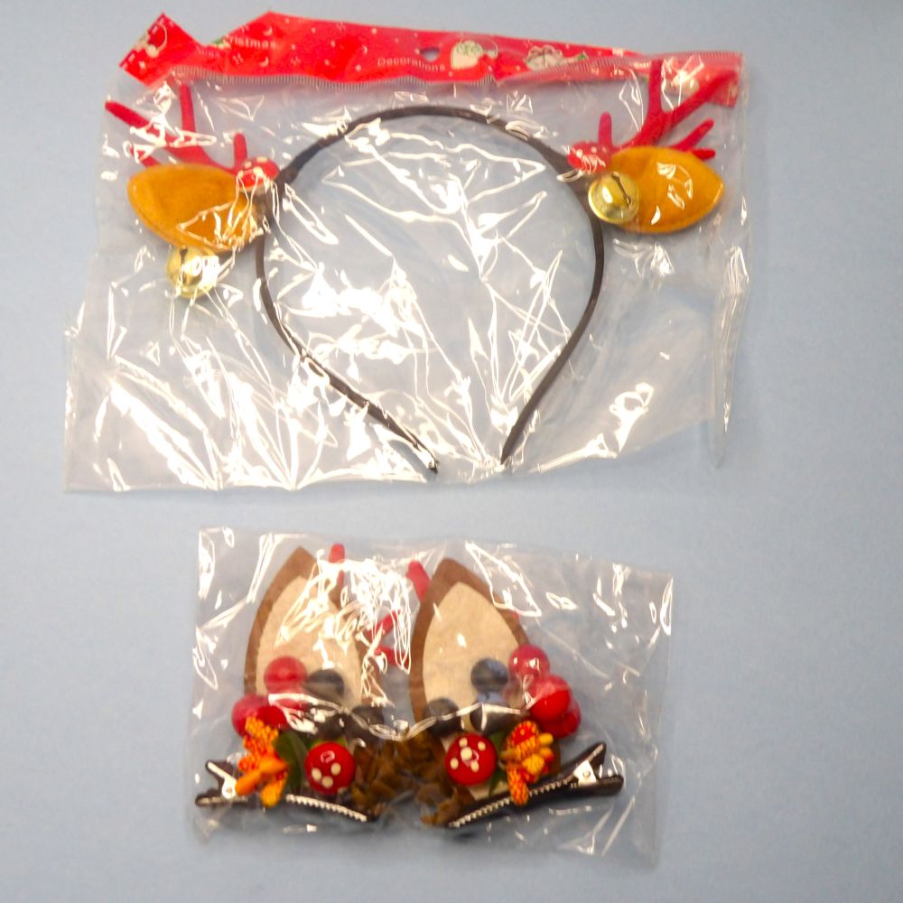 Only One Lot Of 4 Christmas Headband Antler / Bells / Mushrooms And 4 x Hair Clips Antler / Berries / Mushrooms