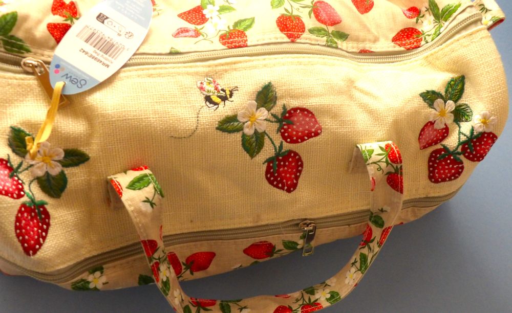Knitting Bag Fabric Fawn Colour With Red Strawberry Design And Embroidered Panel With Bee And Flower And Strawberry's With Front Zip Pocket Size 42cm x 18cm x 16cm