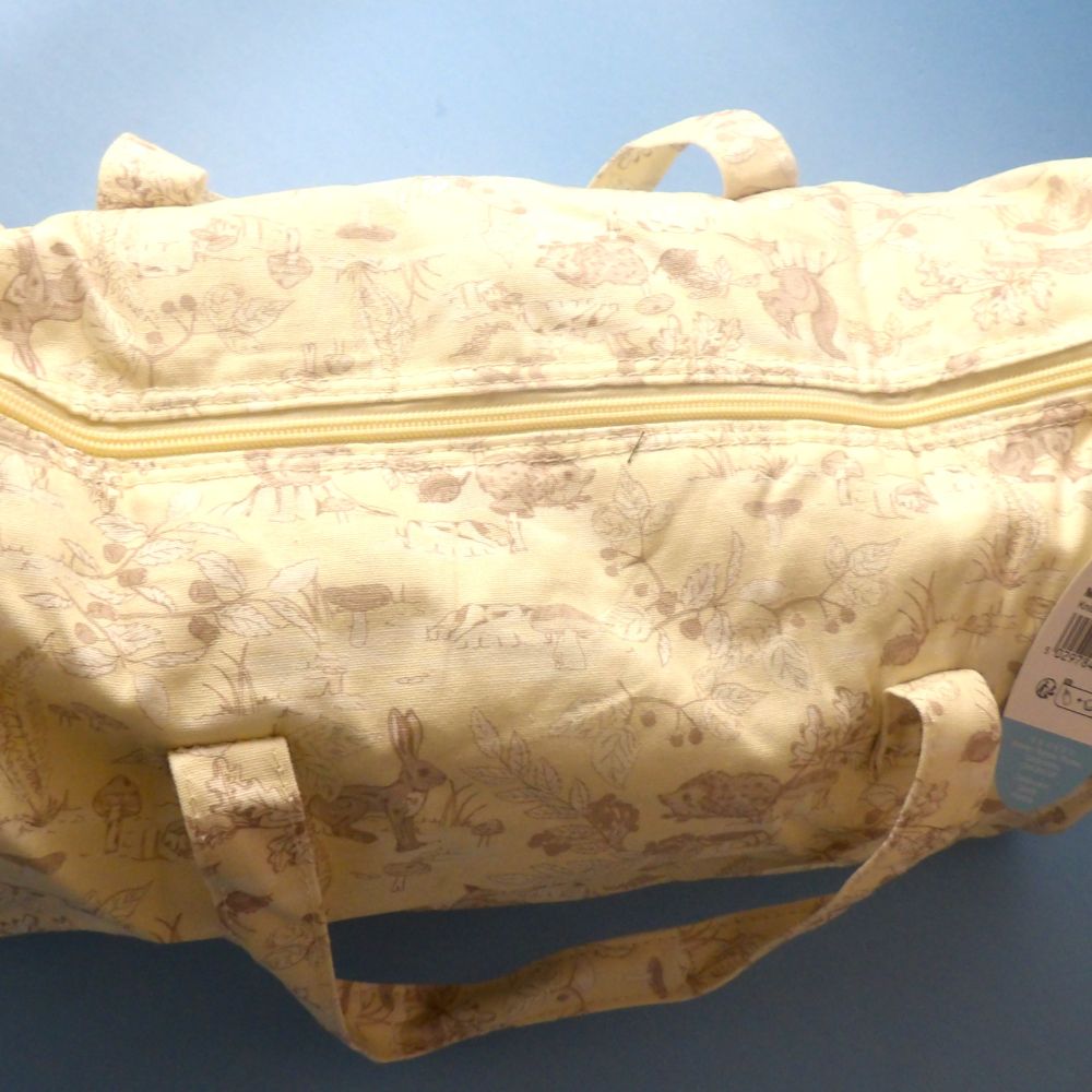 Knitting Bag Fabric Cream Colour With Light Fawn Hedge Hogs Squirrels Foxes Woodland Design With Front Zip Pocket Size 42cm x 18cm x 16cm