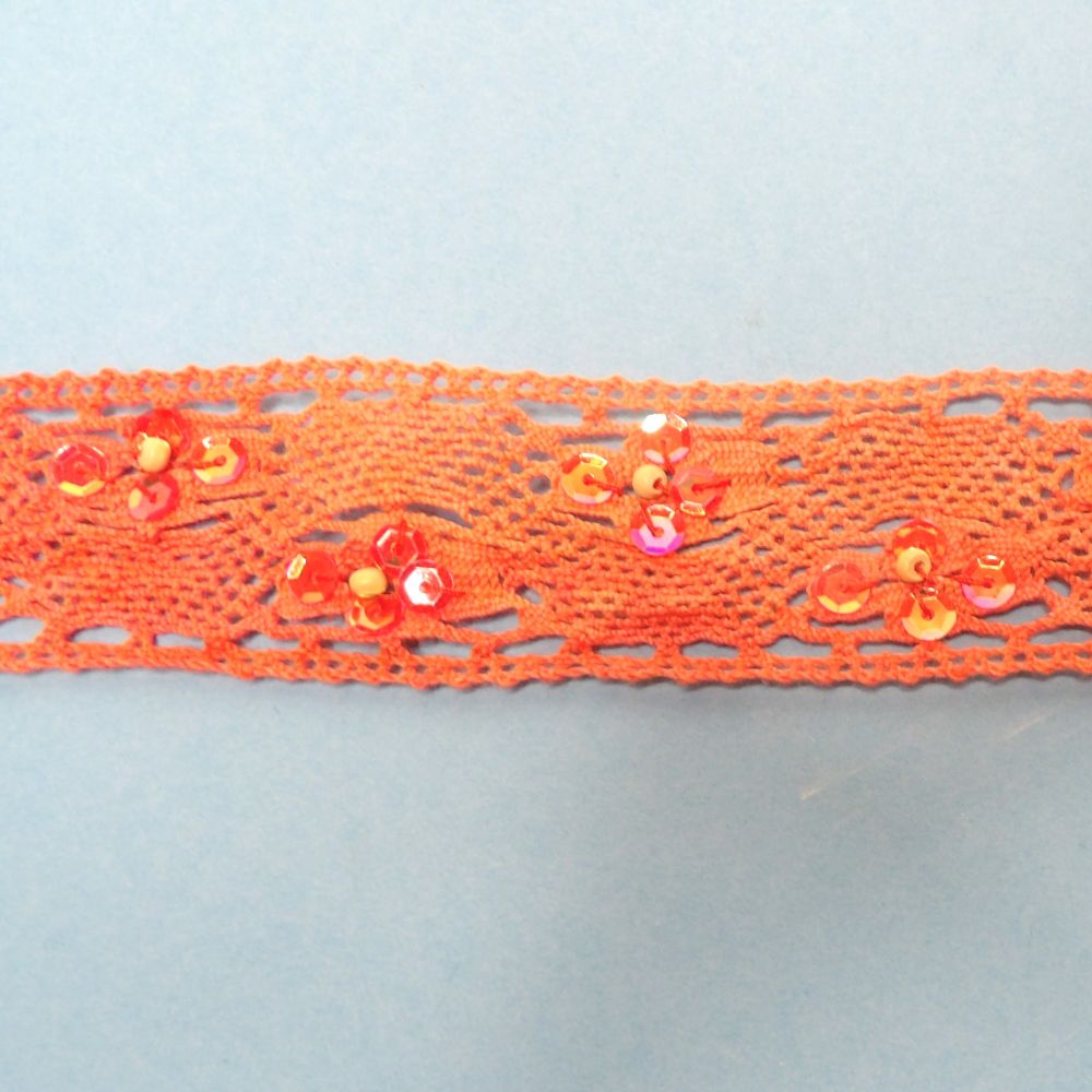 23 Metres Of Dark Salmon Colour Cotton Type Lace With Beads And sequins 40mm Wide Clearance