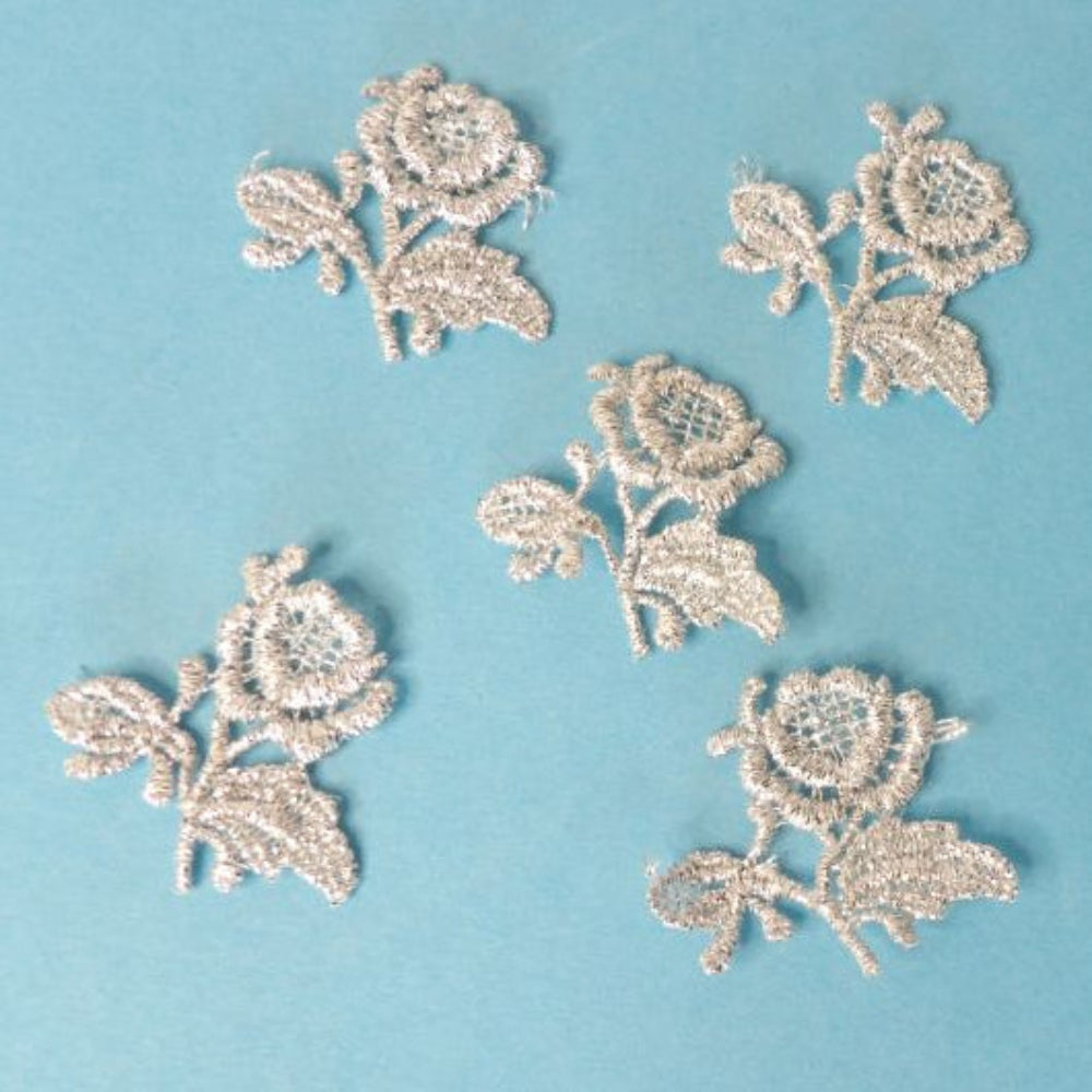 60 Small Metallic Silver Lace Rose Sew On Motifs Size 35mm Clearance