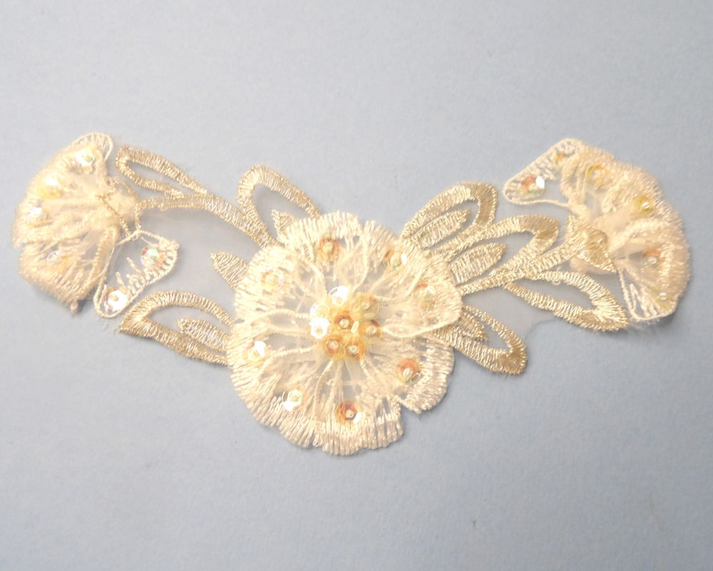 5 Ivory Motifs With Flower Design And Silver lurex embroidery And Iridescent Sequins Size 9cm x 18cm Clearance
