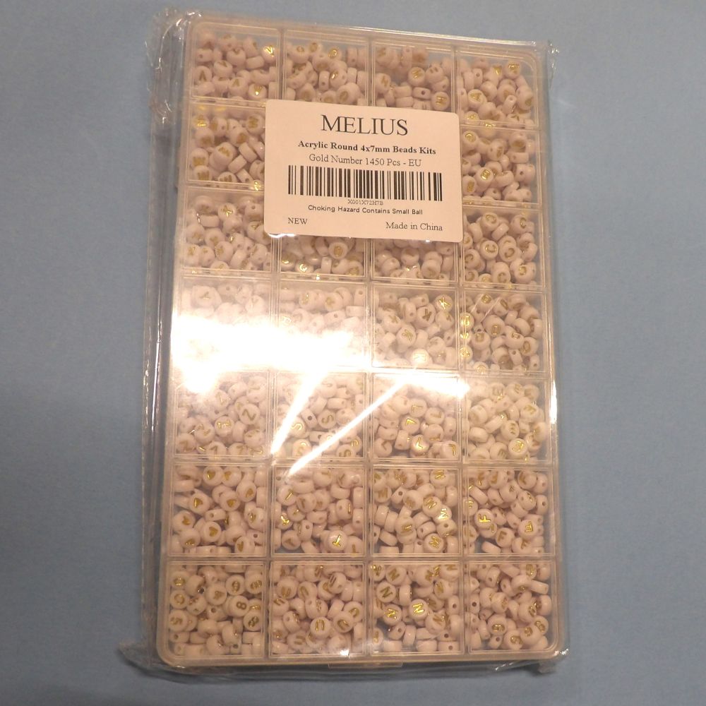 Plastic Box With 1450 White Beads With Gold Alphabet Letters And Heart And Numbers Clearance