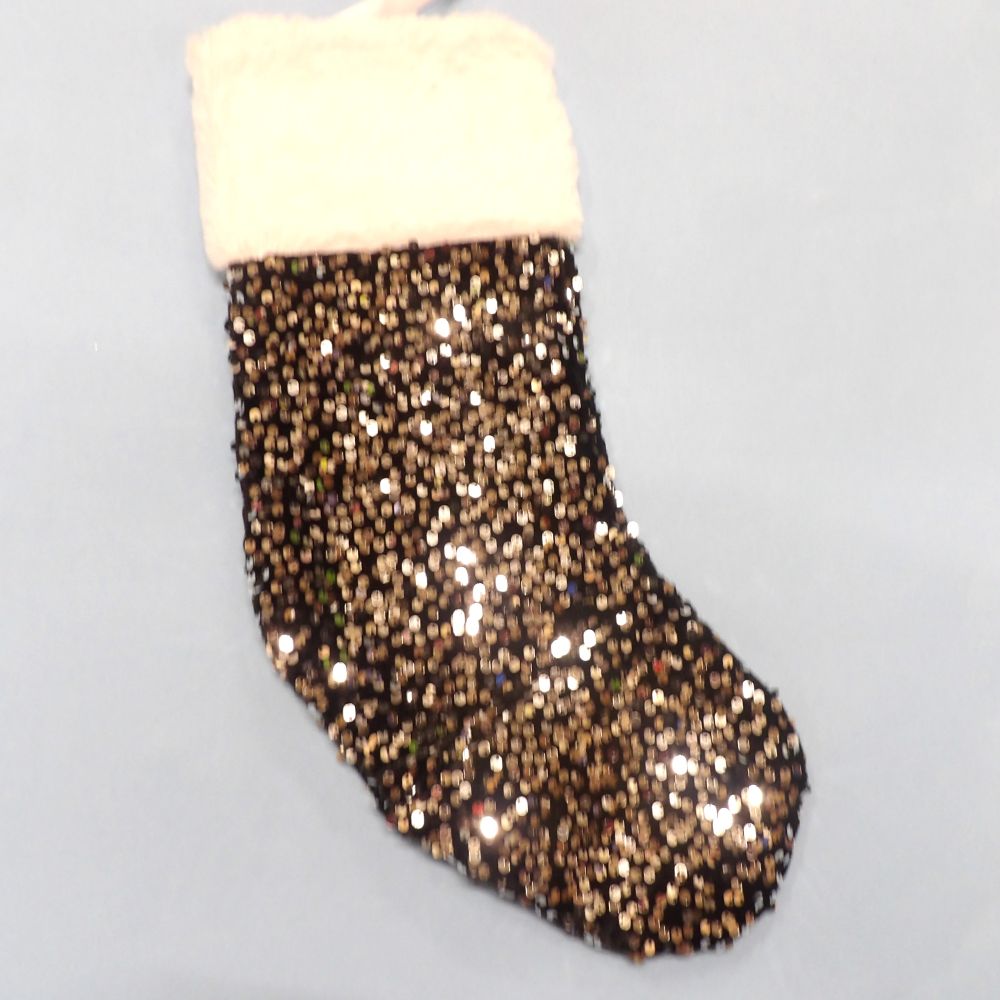 Christmas Stocking Black With Silver Sequins And White Fur Top Size 48cm x 17cm Clearance