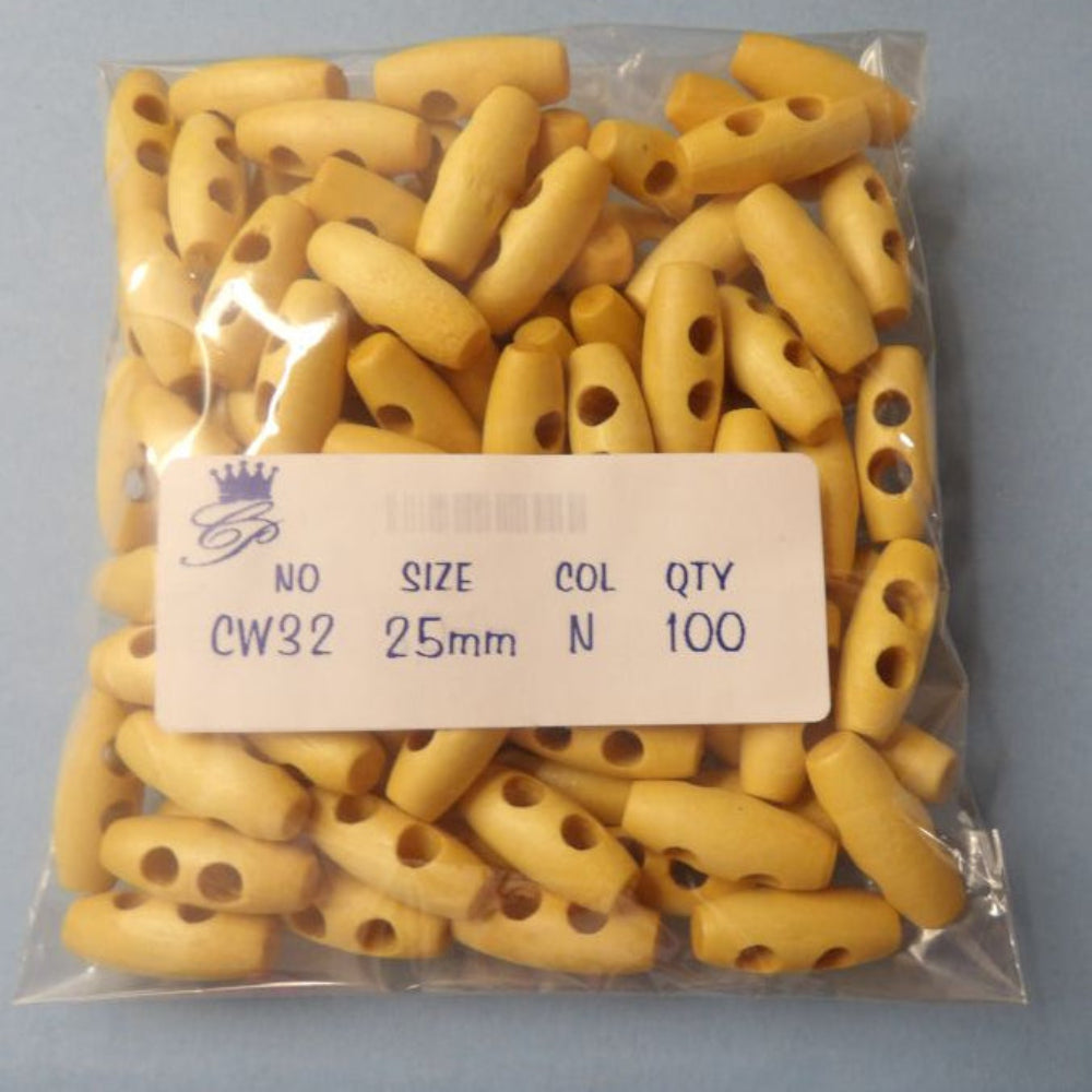 100 Maple Wood Toggles Two Hole Size 25mm