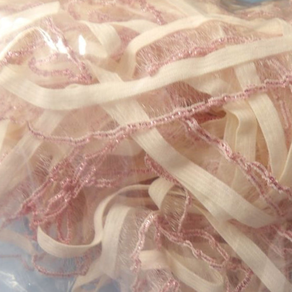 Only One 30 + 5 Metres Of White Elastic With See Through Chiffon Type Gathered Lace And Metallic Light Pink Edge 17mm Wide Loose In A Bag Clearance