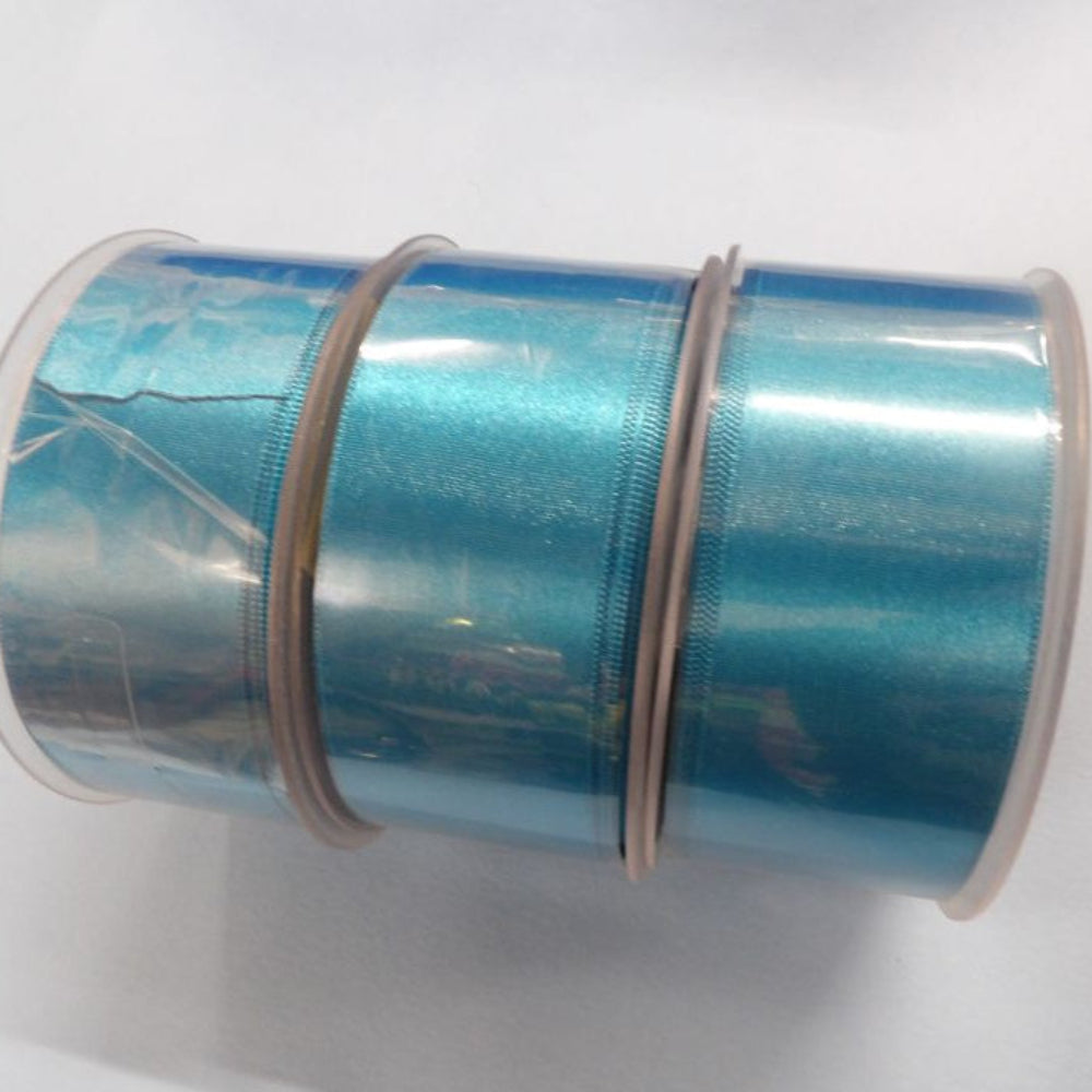 Only One lot Of 3 x Bright Turquoise 25 metre Reels Of 38mm Double Satin Ribbon