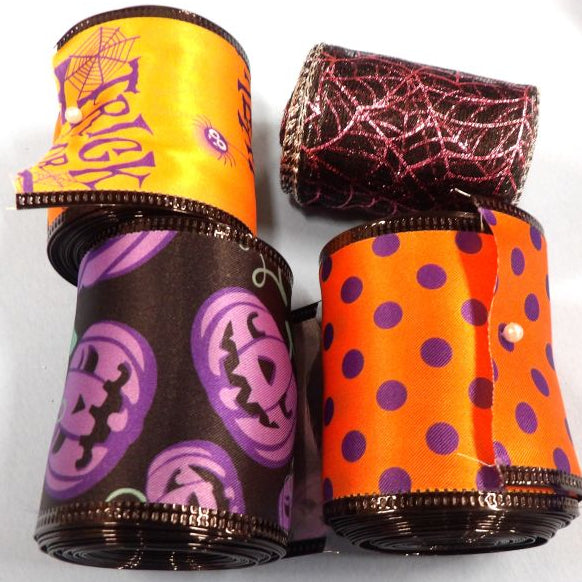 4 Reels Of 5 Metres Assorted Designs Of Wired Edge Halloween Ribbon 60mm Wide Clearance