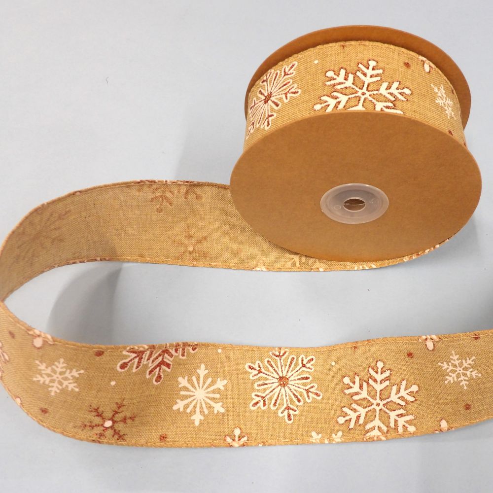 10 Metre Reel Of Light Brown Christmas Ribbon With White Snow Flakes And Red Glitter Design Wired Edge 50mm Wide Clearance