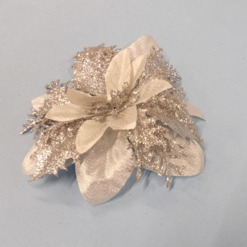 12 Silver Glitter Poinsettia Flowers Size 14cm With Clips Clearance