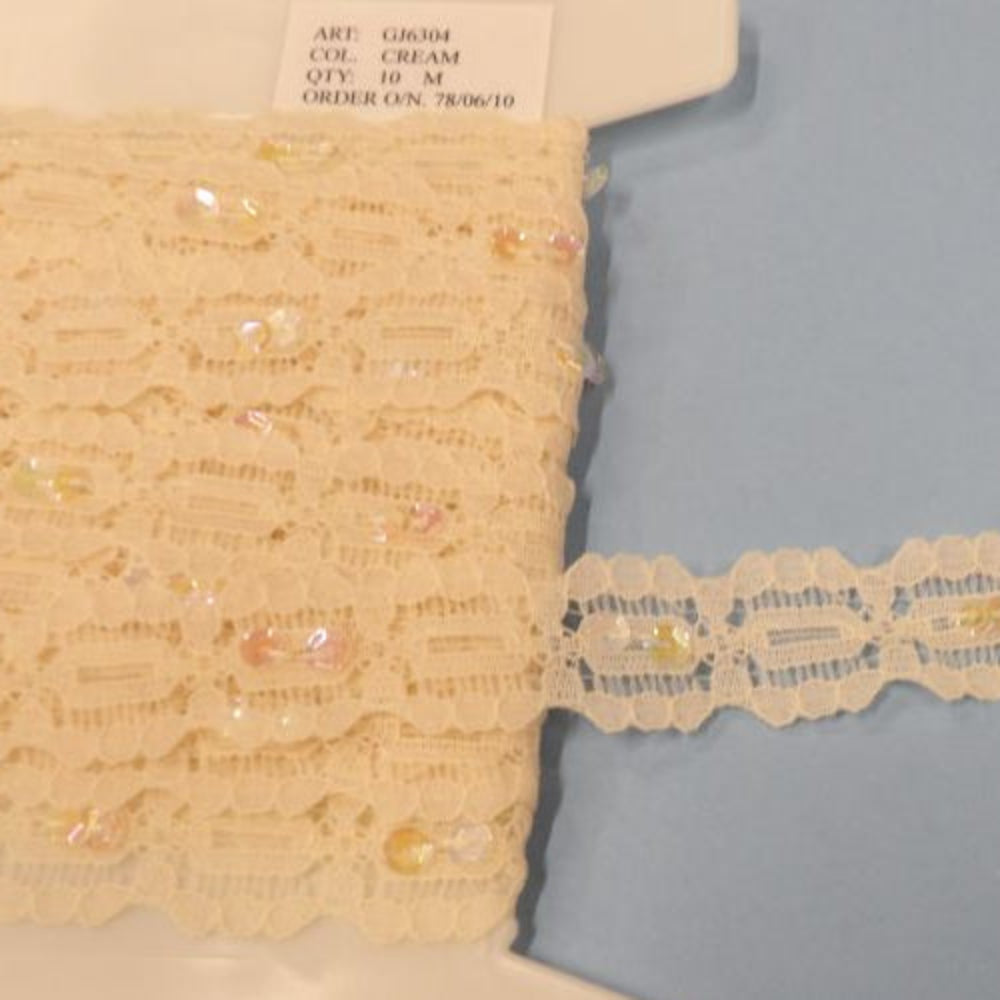 Only One Lot Of 2 x 10 Metre Card Of Cream Lace Iridescent Sequins 22mm Wide