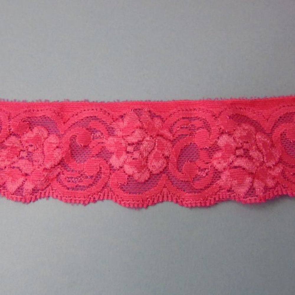 Only One Lot Of 12 + 8 + 6 Metres Of Stretch Bright Cerise Floral Lace 52mm Wide
