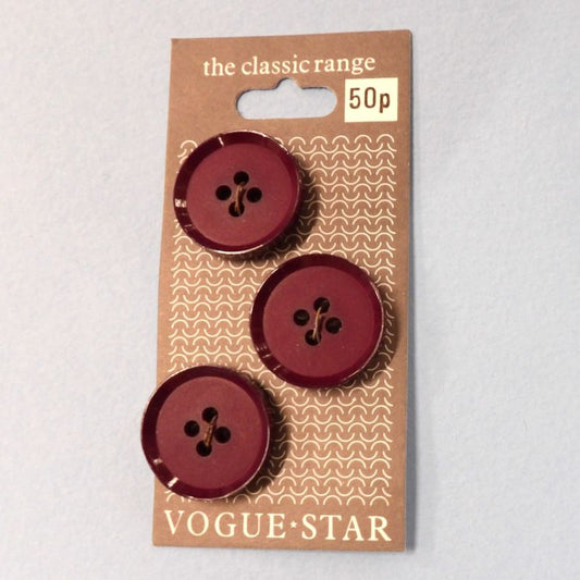 10 cards of wine colour 4 hole buttons with 3 on each card 22mm clearance Vogue Star Brand Vintage