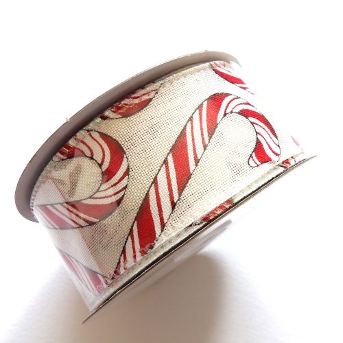 10 metres of Red and White Candy Cane design ribbon wired edge 38mm wide