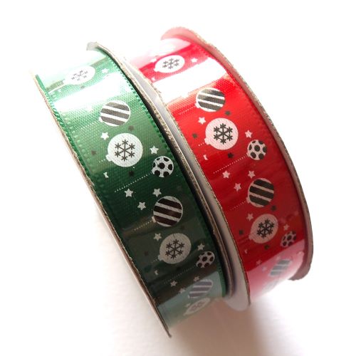 10 metres of satin ribbon with  Christmas baubles design size 15mm