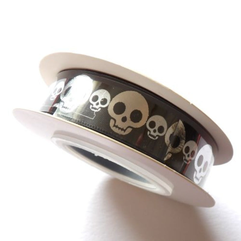 10 metres of black ribbon with metallic silver Scull Halloween design 15mm wide