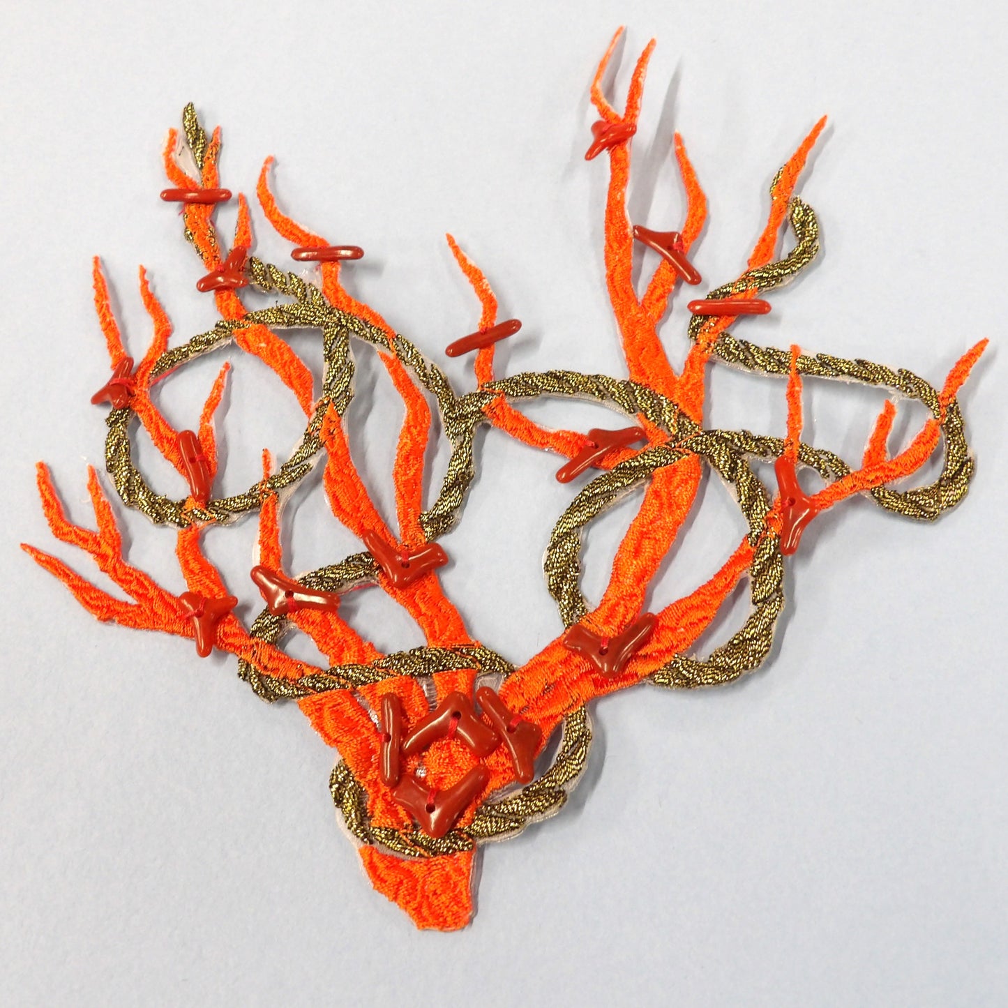 5 Large orange and gold embroidered iron on coral shape motifs with random beads and metallic rope design size 18cm / 7 inch clearance