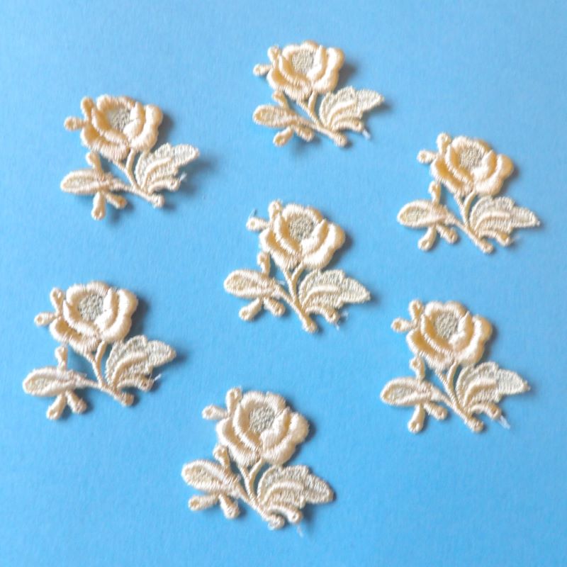 60 all cream embroidered rose sew on motifs with leaf size 35mm clearance