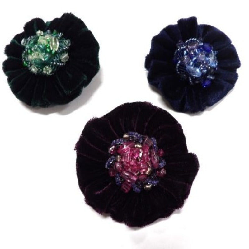 Velvet type flower brooches with beads 65mm choice of colour clearance