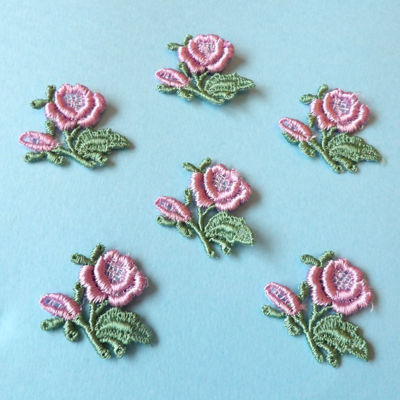 60 lilac embroidered rose sew on motifs with green leaf size 35mm clearance