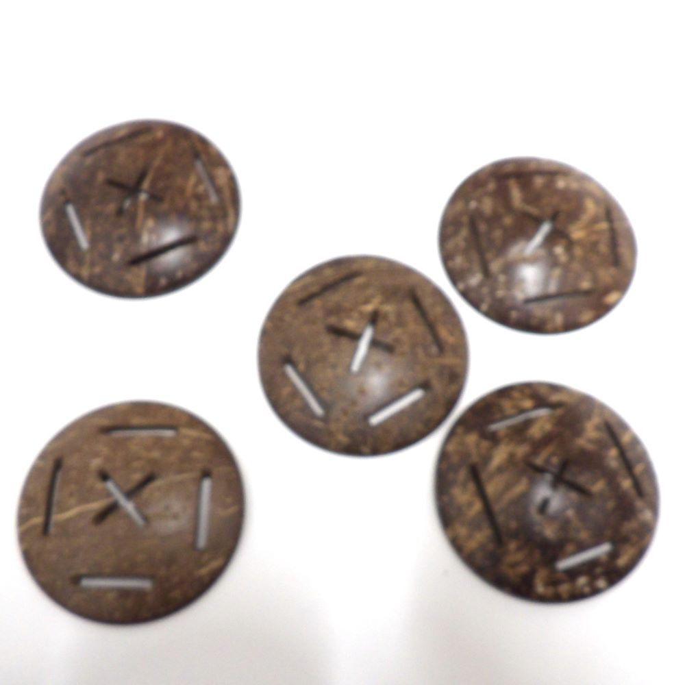 5 Brown polished coconut round shapes with design 70mm for bags and craft thin hole design clearance
