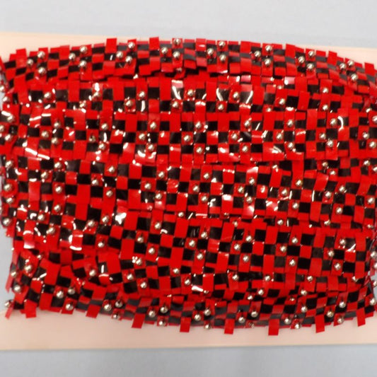 ! Only one card of 10 metres of plastic woven type braid red and black with silver beads  25mm wide