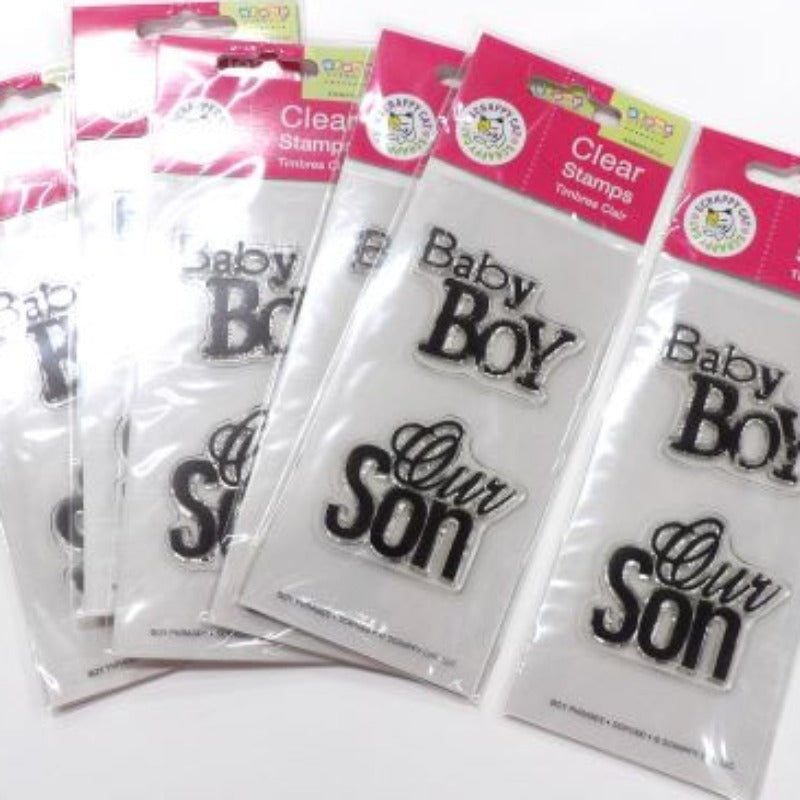 6 cards of clear stamps ' Baby Boy' and 'Our Son' design for card making clearance