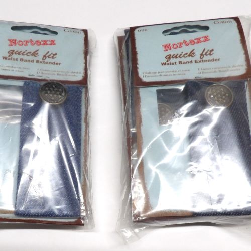 Card of One Denim fabric waistband extenders with button choice of colour