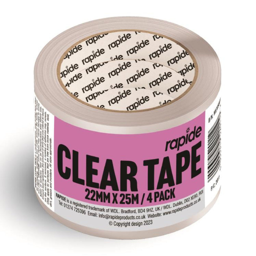 Pack Of 4 Reel Of Clear Sticky Tape 22mm Wide With 25 Metres On Each