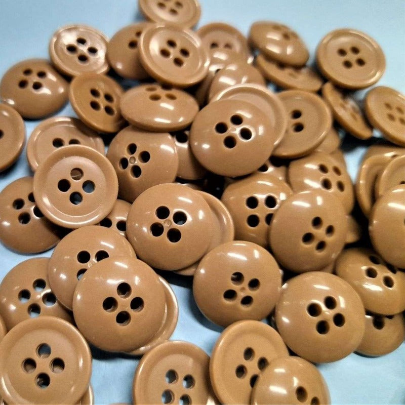 100 light brown 4 hole buttons size 15mm clearance