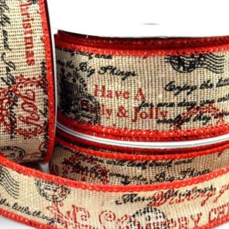 10 metres of Wired Merry Christmas Scroll Burlap Ribbon choice of width