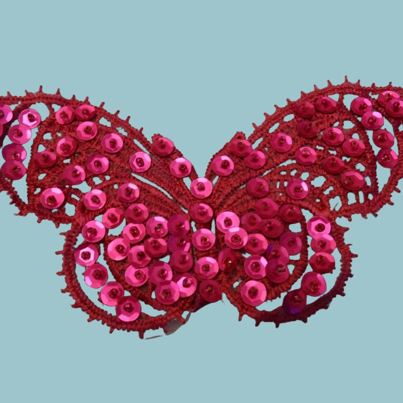 5 Cerise Butterfly Motifs With Beads And Sequins 8cm x 14cm Clearance