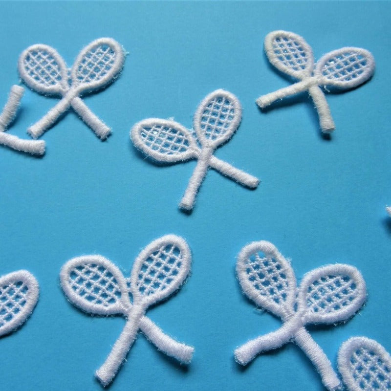 50 White Tennis Rackets Design Iron On Motifs Size 40mm Clearance
