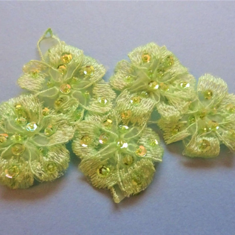5 Lime Green Lace Floral Design Motifs With Sequins And Beads Sew On Size 15cm x 9cm Clearance