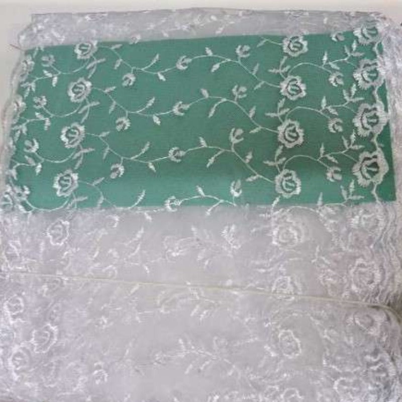 13.7 metres of WHITE fine tulle embroidered wedding type lace 20cm / 8 inch wide double edged