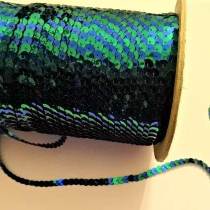 250 metres approximately of approximately of 6mm strung sequins two tone Royal Blue / Emerald Green clearance