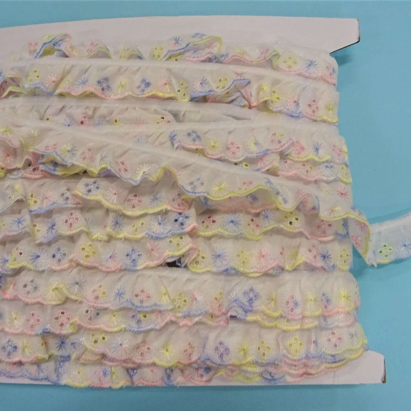 33 metres of gathered white with multi coloured design broderie anglaise 25mm wide