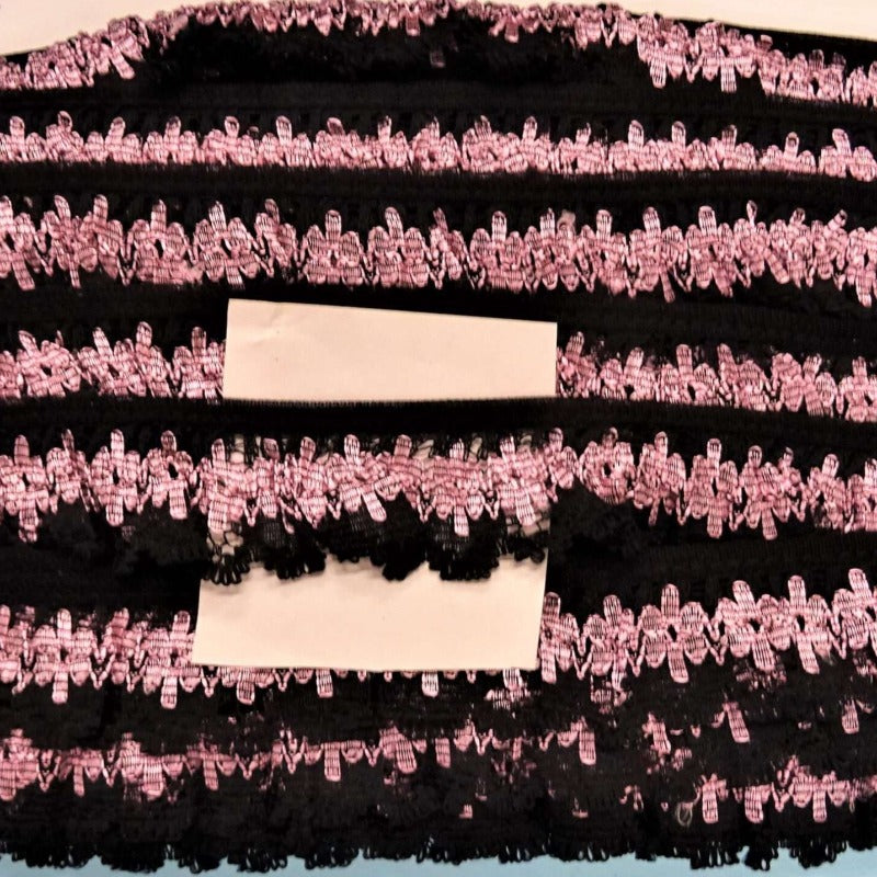 33 metres of gathered Black / Dusty Pink lace 34mm wide