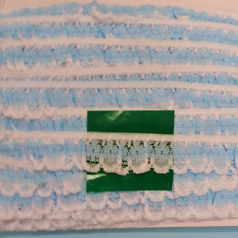 33 metres of WHITE AND BLUE gathered lace 25mm designs may vary