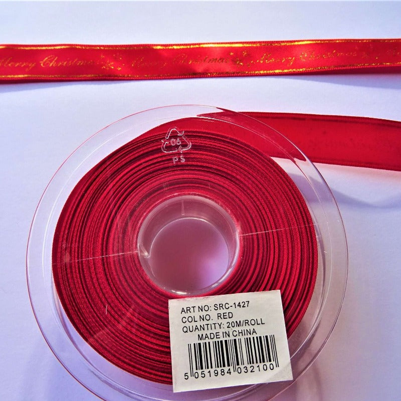20mts gold foil red satin ribbon Merry Christmas design 20mm wide