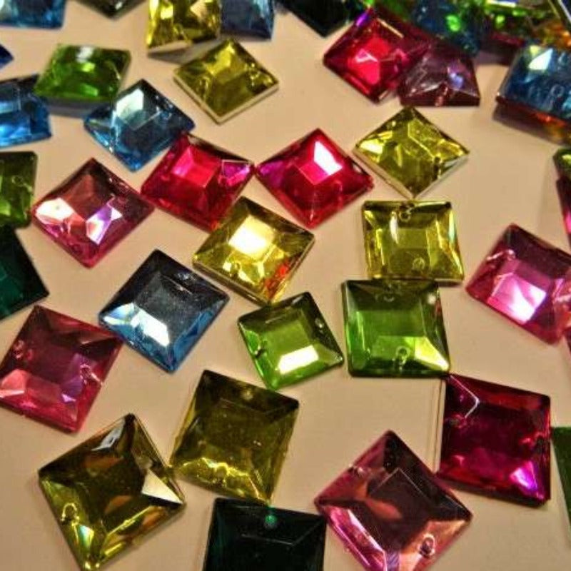 100 square acrylic sew on stones 14mm ASSORTED colours clearance