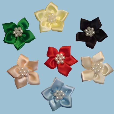 20 pearl centred spike type satin ribbon flower choice of colour