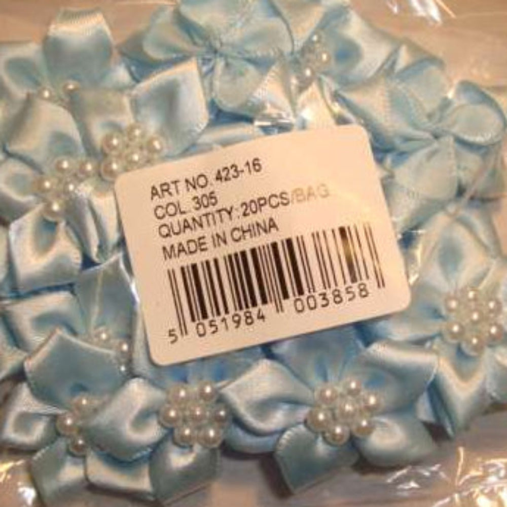 20 pearl centred spike type satin ribbon flower choice of colour