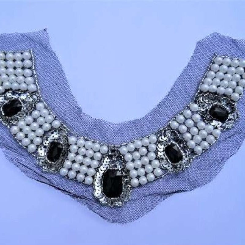Large Bead / sequin / acrilic black stones motifs on fine net 30cm x 28cm clearance