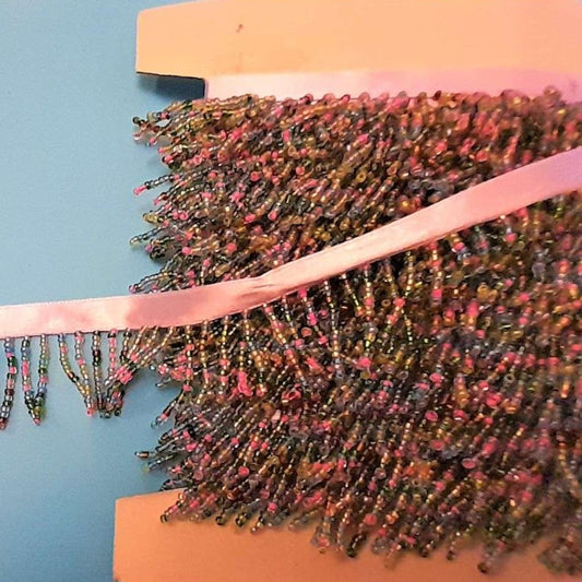 10 metres of multi coloured beaded fringing with 9mm lilac ribbon 35mm wide clearance