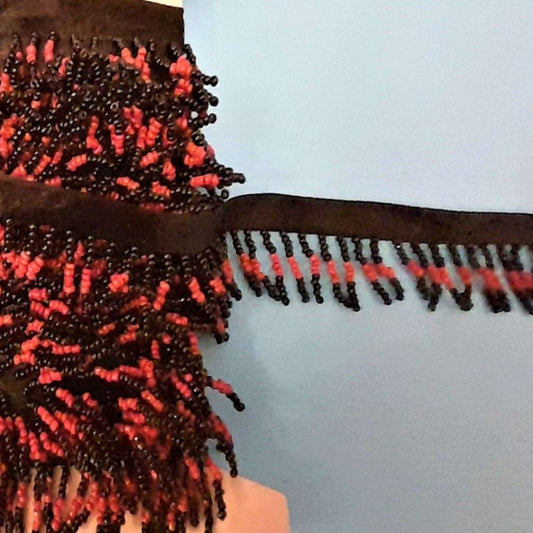 10 metres of black and dark red colour beaded fringing with 9mm ribbon 30mm wide clearance
