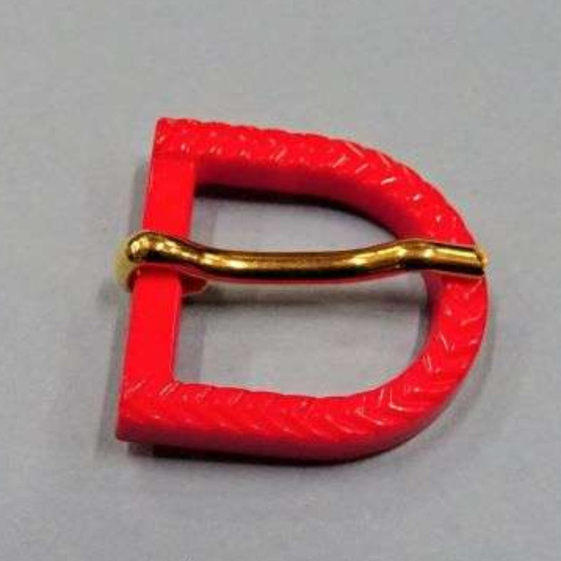 10 red coloured D shape plastic buckles with gold prong and pattern 27mm clearance