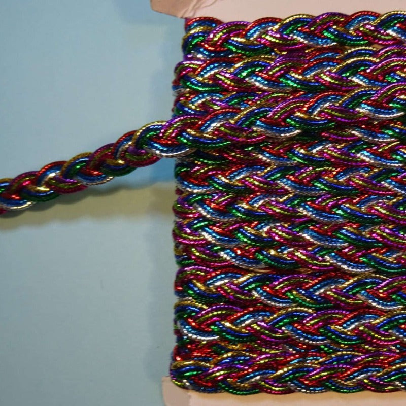 10 metres of platted Multi coloured metallic braid 11mm wide
