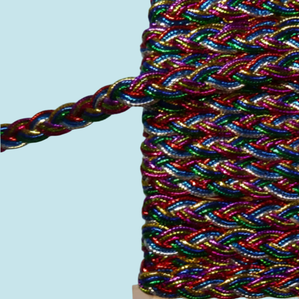 10 Metres Of Platted Multi Coloured Metallic Braid 11mm Wide