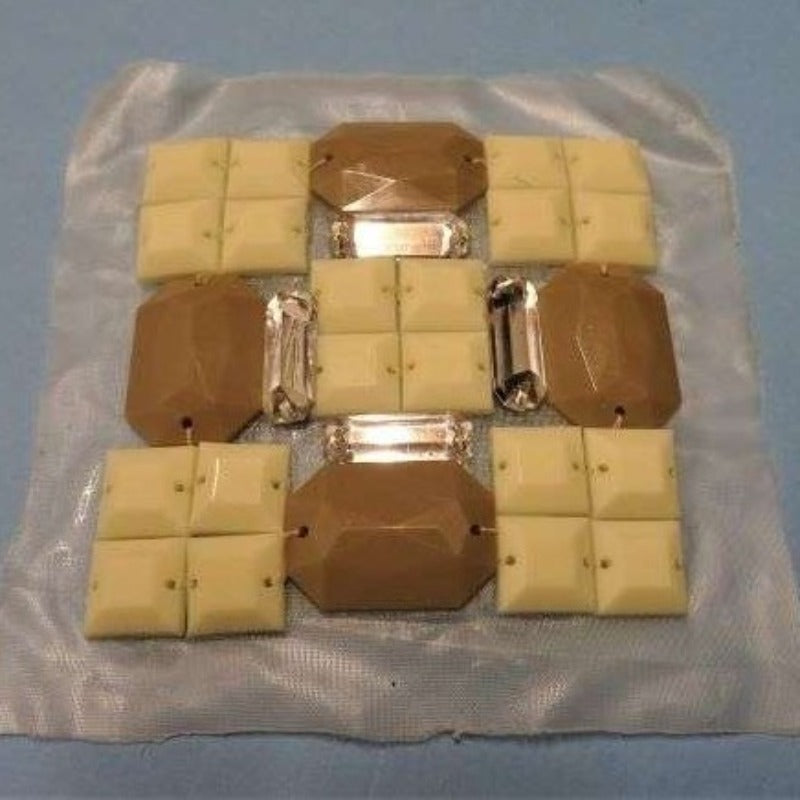 5 Square Iron On Motifs With Cream And Light brown Acrylic Type Stones And Clear Diamante Type Stone Size 75mm x 75mm Clearance